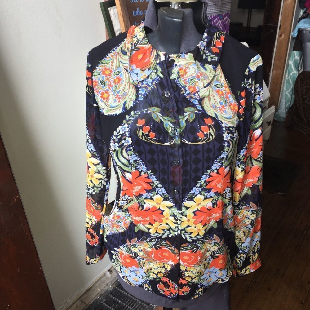 CAbi amour floral semi sheer button down blouse